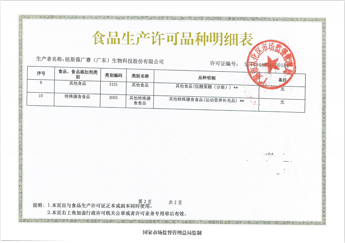 紐斯葆廣賽榮獲特膳食品運動營養(yǎng)食品生產許可